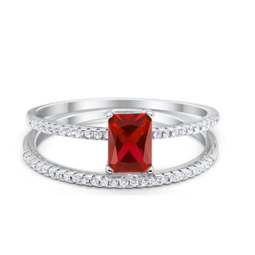 Art Deco Two Piece Wedding Ring Radiant Simulated Garnet CZ 925 Sterling Silver